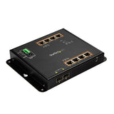 Gigabit Ethernet switch with 8 PoE+ ports and 2 SFP slots, designed for rugged environments and flexible network setups.