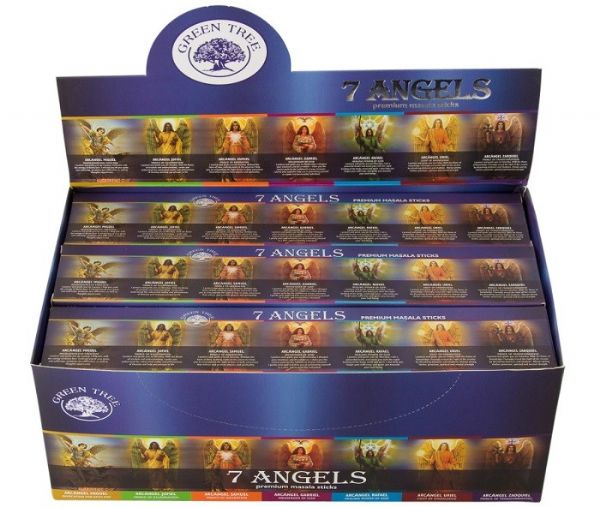 Hand-rolled Green Tree 7 Angels Incense, 15g sticks in a display box, combining seven divine fragrances for relaxation.