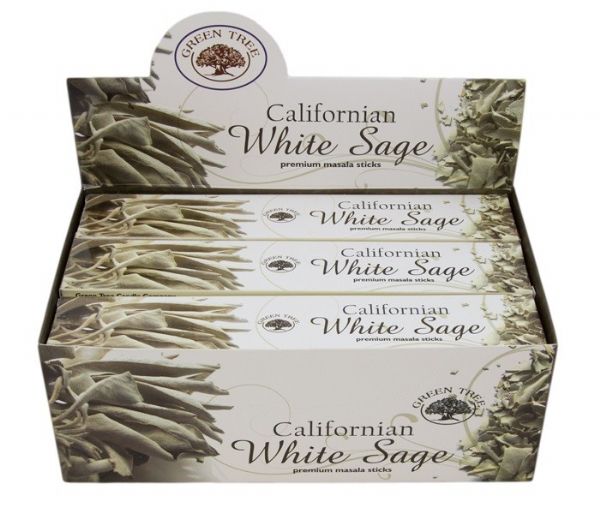 A self-display box of Green Tree California White Sage Incense with 12 packs, each containing 15g of purifying incense sticks.