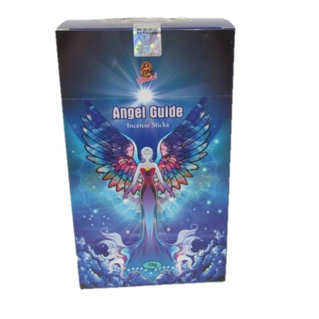 Hand-rolled Kamini Angel Guide incense, 15g, featuring herbs and resins, displayed in a 12-box carton.