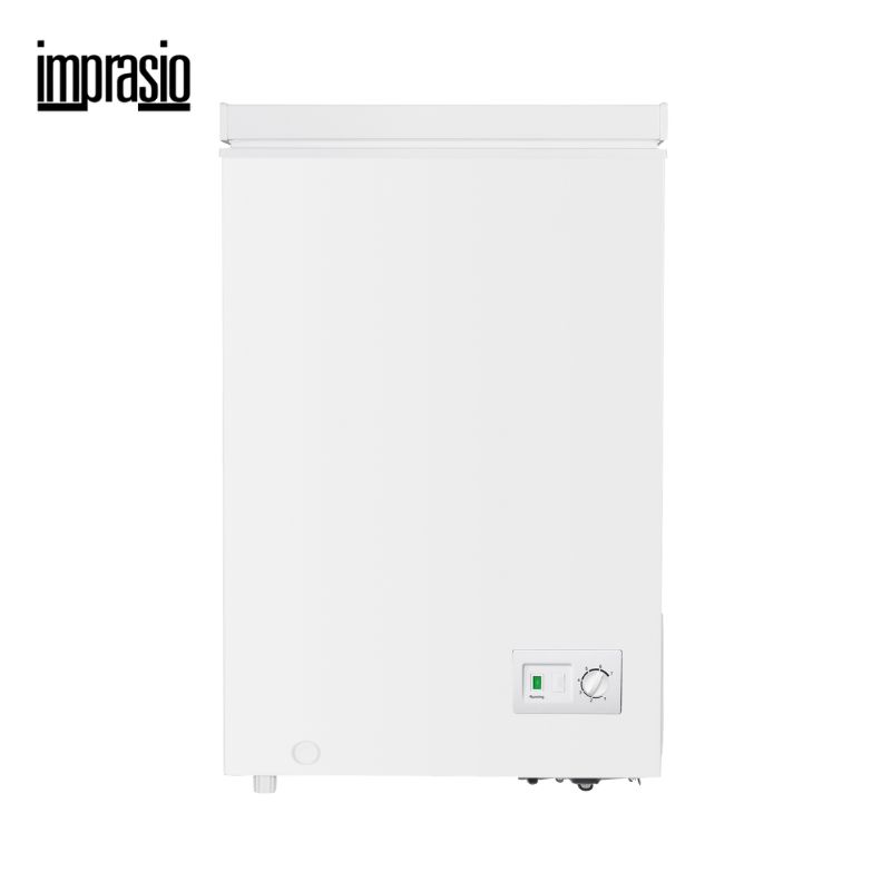 Midea Chest Freezer Imprasio 98L, compact storage, energy-efficient, easy-to-clean with removable basket and mechanical control.