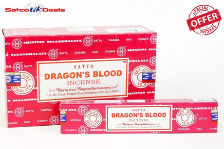 12-pack of Satya Dragons Blood incense sticks, featuring an earthy aroma ideal for meditation and enhancing ambiance.