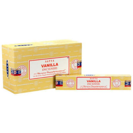 Set of 12 packets of Satya Vanilla incense, hand-rolled, promoting relaxation with a sweet, soothing aroma.