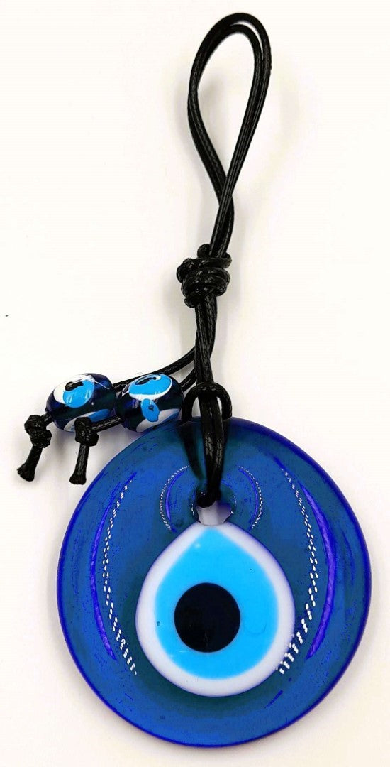 Set of 5 Turkish glass evil eye wall hangings, each 5cm, vibrant blue for protection and home decor elegance.