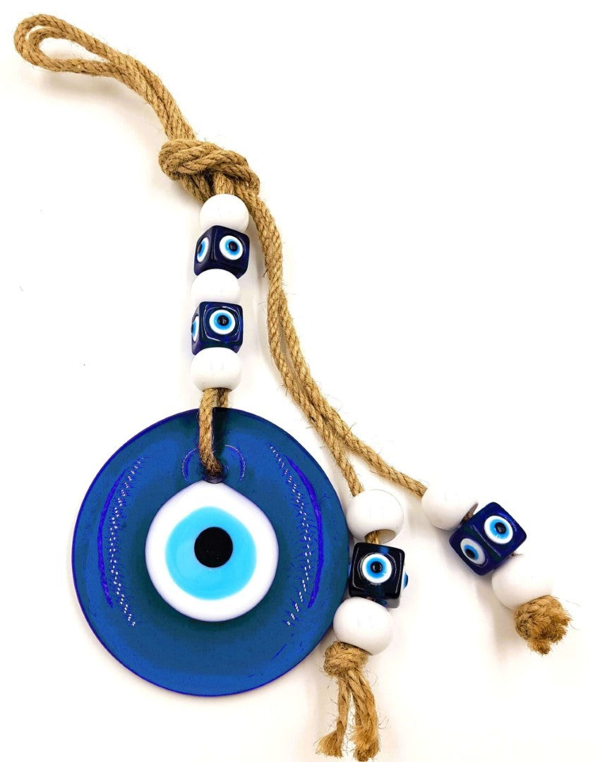 Set of 2 Turkish glass evil eyes, 28 x 9cm, handmade decor that protects spaces and enhances wall aesthetics.