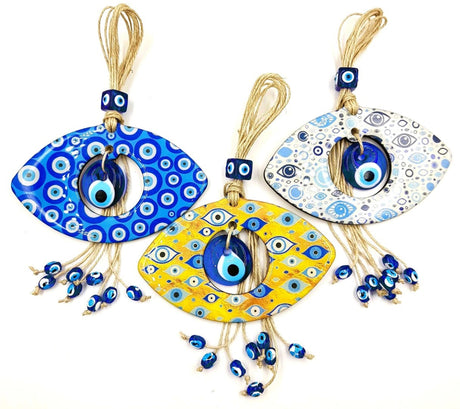 Set of 3 handmade Turkish Evil Eye wall hangings, 20 x 16cm, featuring intricate designs for protection and decor.