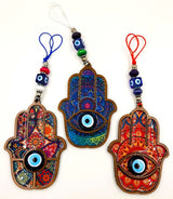 Set of 3 assorted Boho Hamsa Hand wall hangings with glass evil eyes, featuring vibrant colors and unique designs.