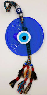 Turkish glass evil eye wall hanging (18cm) with vibrant colors, handcrafted for protection and decor.