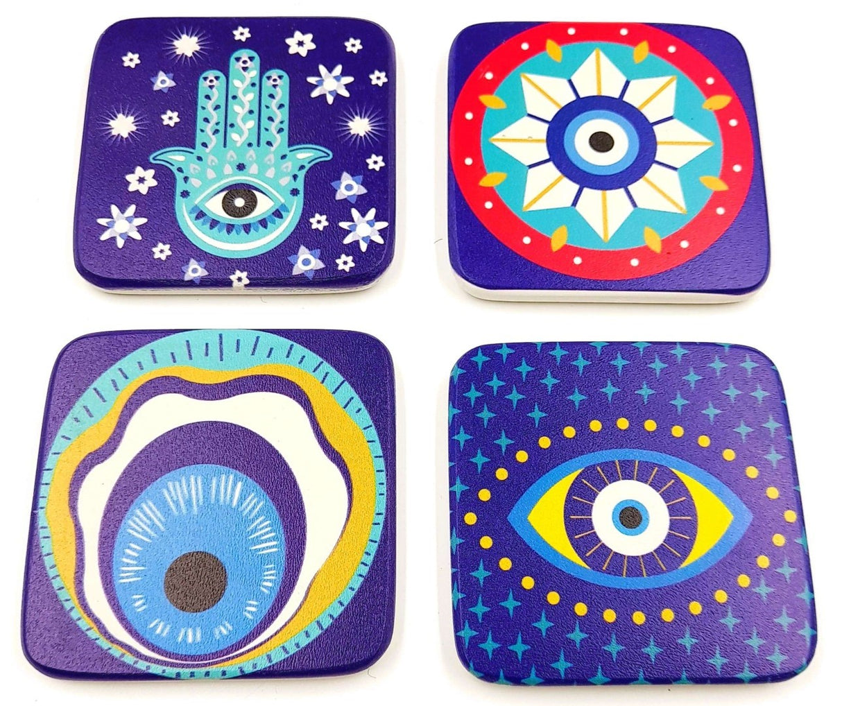 Set of 2 handmade Evil Eye coasters, 9cm each, featuring assorted vibrant designs for home decor and protection.