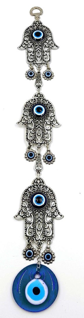 Set of 2 assorted Hamsa Evil Eye wall hangings, 44cm, featuring metal and vibrant glass elements for home decor.