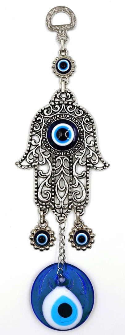 Set of 3 handmade Hamsa and evil eye wall hangings in metal and glass, featuring vibrant colors and intricate designs.