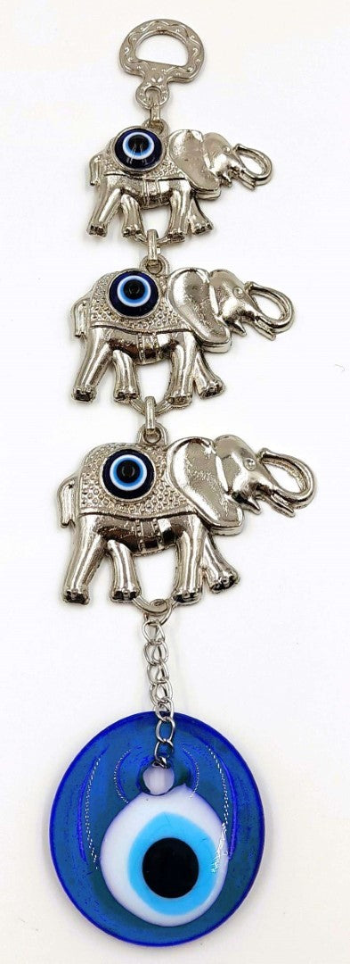 Set of 4 handcrafted wall hangings featuring lucky elephants and evil eyes, symbolizing fortune and protection.