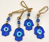 Set of 4 Turkish Glass Hamsa Evil Eye wall hangings, featuring vibrant colors and intricate designs for home protection and decor.