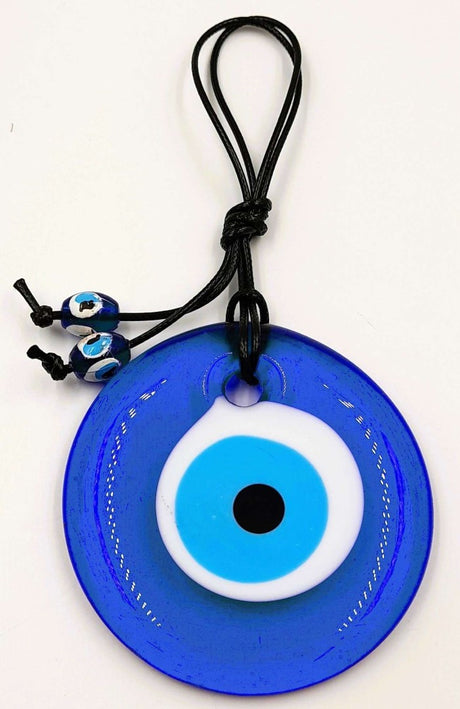 Set of 5 handcrafted Turkish glass evil eye wall hangings, each 7cm, vibrant colors for decor and protection against negativity.