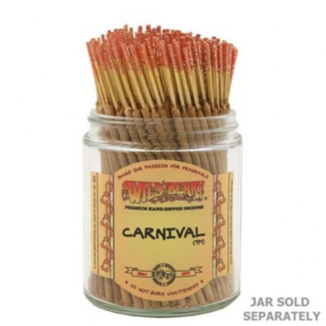 A bundle of 100 Wild Berry Carnival Shorties Incense sticks, offering sweet, vibrant berry scents for relaxation and ambiance.