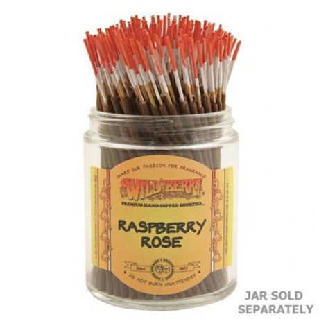 Bundle of 100 incense sticks with sweet raspberry and rose fragrance for relaxation and enhancing ambiance.