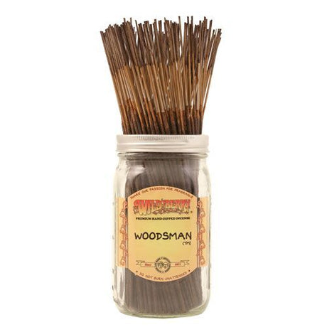 A pack of 100 Wild Berry Woodsman incense sticks, each 11 inches long, offering a soothing blend of berries and wood notes.