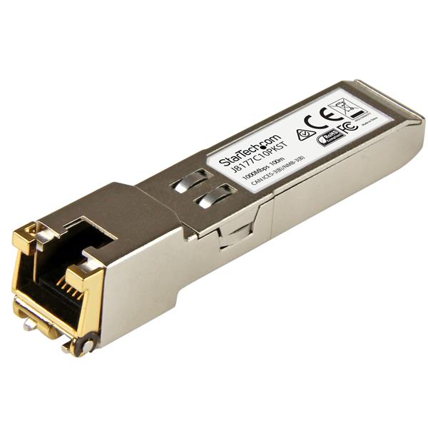 Gigabit RJ45 Copper SFP Transceiver Module 10-pack for reliable 1 GbE connectivity, HP J8177C compatible, hot-swappable.