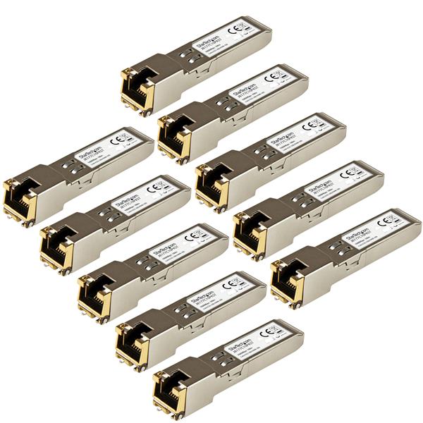 Gigabit RJ45 Copper SFP transceiver module pack with 10 units, 1 Gbps speed, 100m range, HP J8177C compatible, hot-swappable.