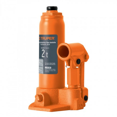 Hydraulic Bottle Jack 2 Ton Truper for lifting up to 2 tons, featuring steel cylinder, cast iron base, and versatile height range.