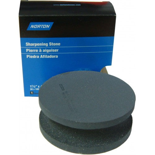 Round sharpening stone with dual grit (120/320), groove design for safety, ideal for knives and planer blades.