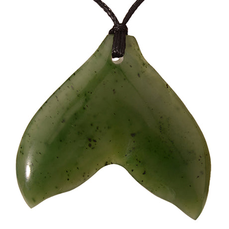 Jade whale tail pendant in nephrite jade, 32mm x 19mm, on adjustable black wax cord, perfect Kiwiana gift.