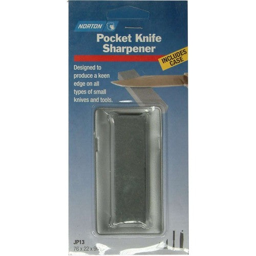 Fine pocket sharpener measuring 75 x 22 x 10mm, made of Aluminium Oxide, includes protective case.