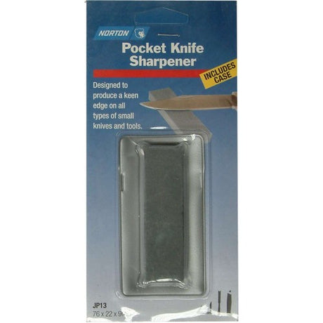 Fine pocket sharpener measuring 75 x 22 x 10mm, made of Aluminium Oxide, includes protective case.