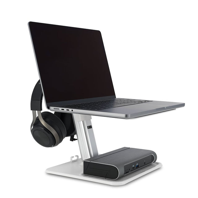 Kensington Smartfit Premium Laptop Riser elevates laptops up to 16", featuring ergonomic design, cable management, and a headphone hanger.