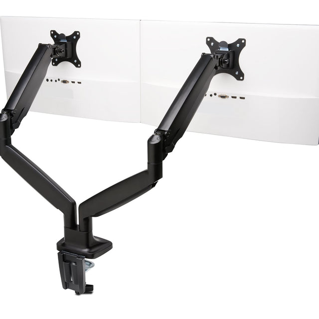 Height-adjustable dual monitor arm with swivel, tilt, and ergonomic positioning for flat or curved screens.