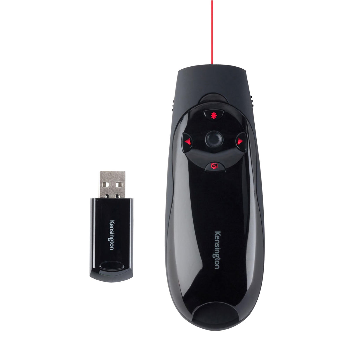 Wireless Kensington Presenter Expert with red laser, backlit controls, 150ft range, and USB receiver storage for impactful presentations.