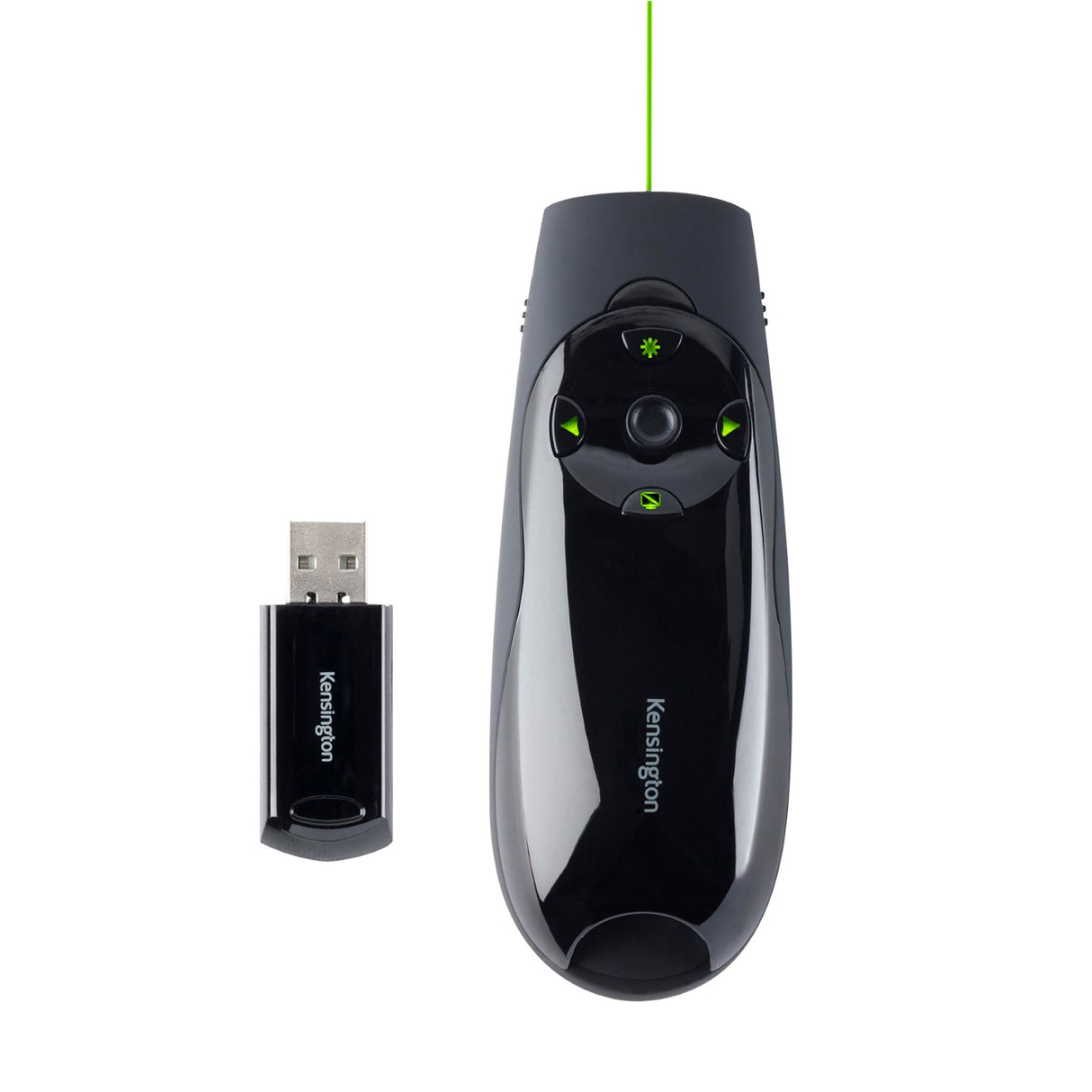 Kensington Presenter Expert with a green laser pointer, wireless control, and backlit buttons for seamless presentations.