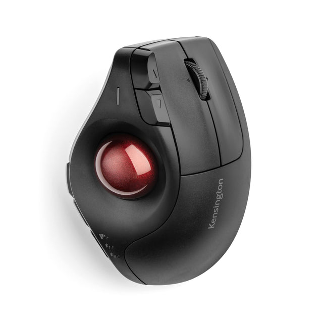 Ergonomic black wireless vertical trackball with 60-degree tilt, thumb operation, and dual wireless connectivity options.