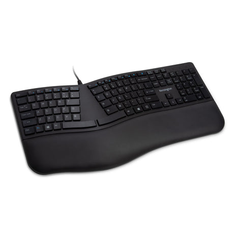 KENSINGTON Wired Ergo Keyboard in black featuring split layout, cushioned wrist rest, and spill-proof keys for comfort.