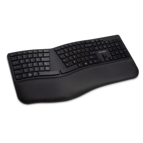 KENSINGTON Dual Wireless Ergo Keyboard in black, featuring split design, adjustable tilt, wrist rest, and dual wireless options.