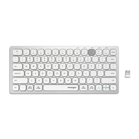 Sleek silver multi-device wireless keyboard with low-profile keys, compatible with various OS, perfect for on-the-go productivity.