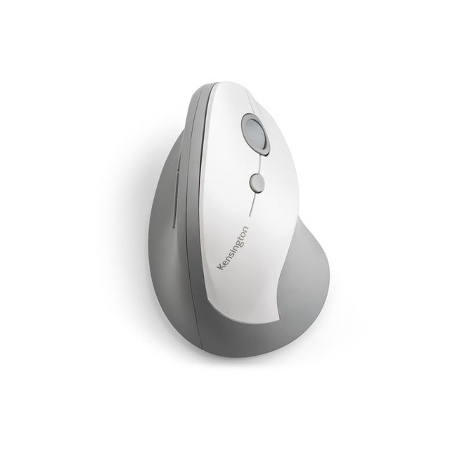 Ergonomic grey wireless mouse with vertical design, scroll wheel, and USB nano receiver for comfort and easy connectivity.