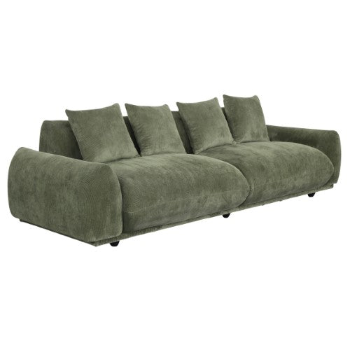 Olive green 4-seat sofa with corduroy upholstery, plush pillows, and modern design, ideal for stylish living spaces.