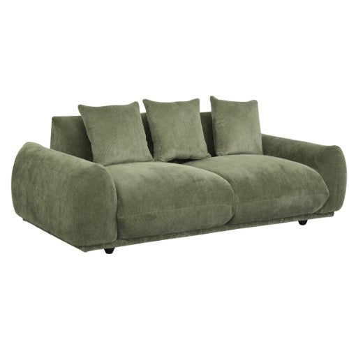 Olive green corduroy 3-seat sofa with solid timber frame, plush foam fill, and feather pillows for ultimate comfort.