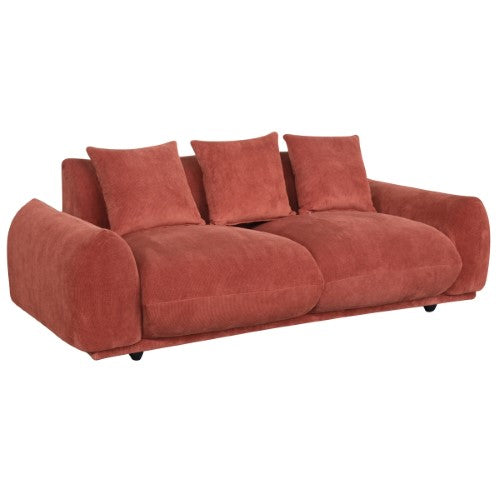 Rust corduroy 3-seat sofa with solid timber frame and feather-filled pillows, perfect for modern living spaces.