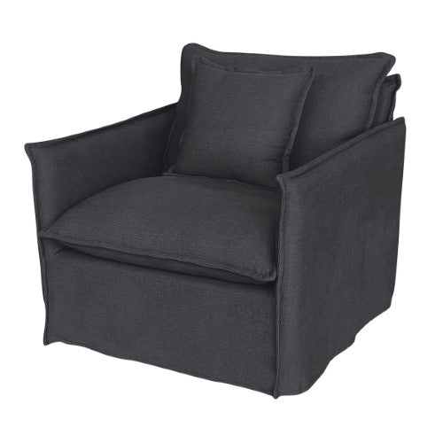 Cozy charcoal slip cover armchair with spacious seat and modern design, perfect for stylish living room relaxation.