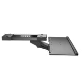 Under-desk adjustable keyboard tray with built-in wrist rest, promotes ergonomic comfort and frees up desk space.