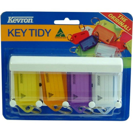 Stylish 4-piece wall-mounted key tag holder with labels for easy organization of keys and small essentials.