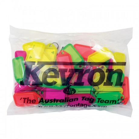 Vibrant assorted key tag holders with labels in a bag of 50, featuring durable inserts and stainless steel keyrings.