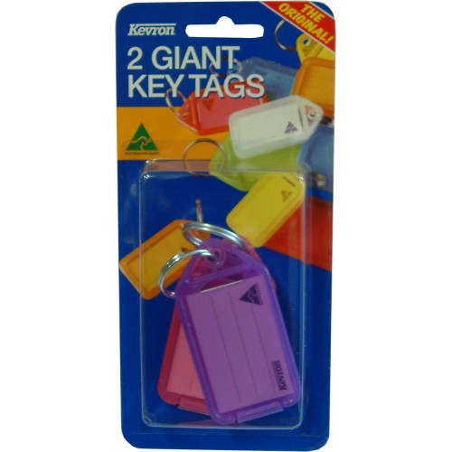 Two extra-large key tag holders in assorted colors with easy-opening design and stainless steel key rings for organization.