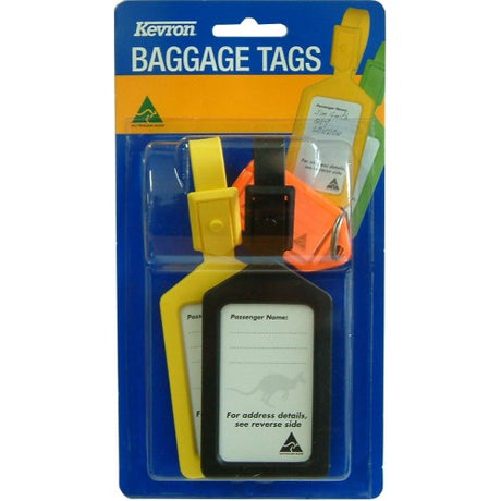 Durable travel pack with two luggage tags and one ID key tag for easy identification and organization on the go.