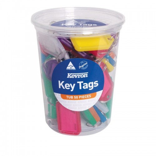 Vibrant pack of 50 key tag holders with paper inserts and stainless steel keyrings for organized, colorful key management.