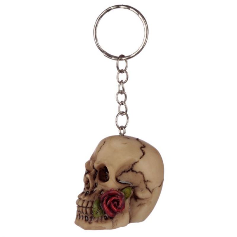 Set of 24 assorted skull and rose keyrings, featuring gothic designs in resin and metal, perfect for unique gifts or personal flair.