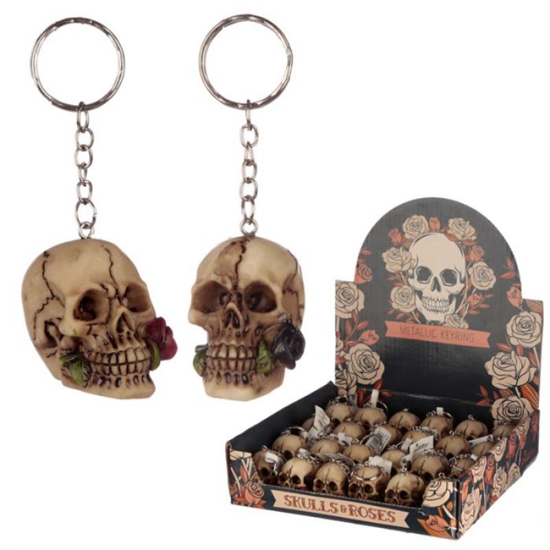 Set of 24 skull keyrings with rose designs, combining gothic elegance and compact size for a bold accessory.