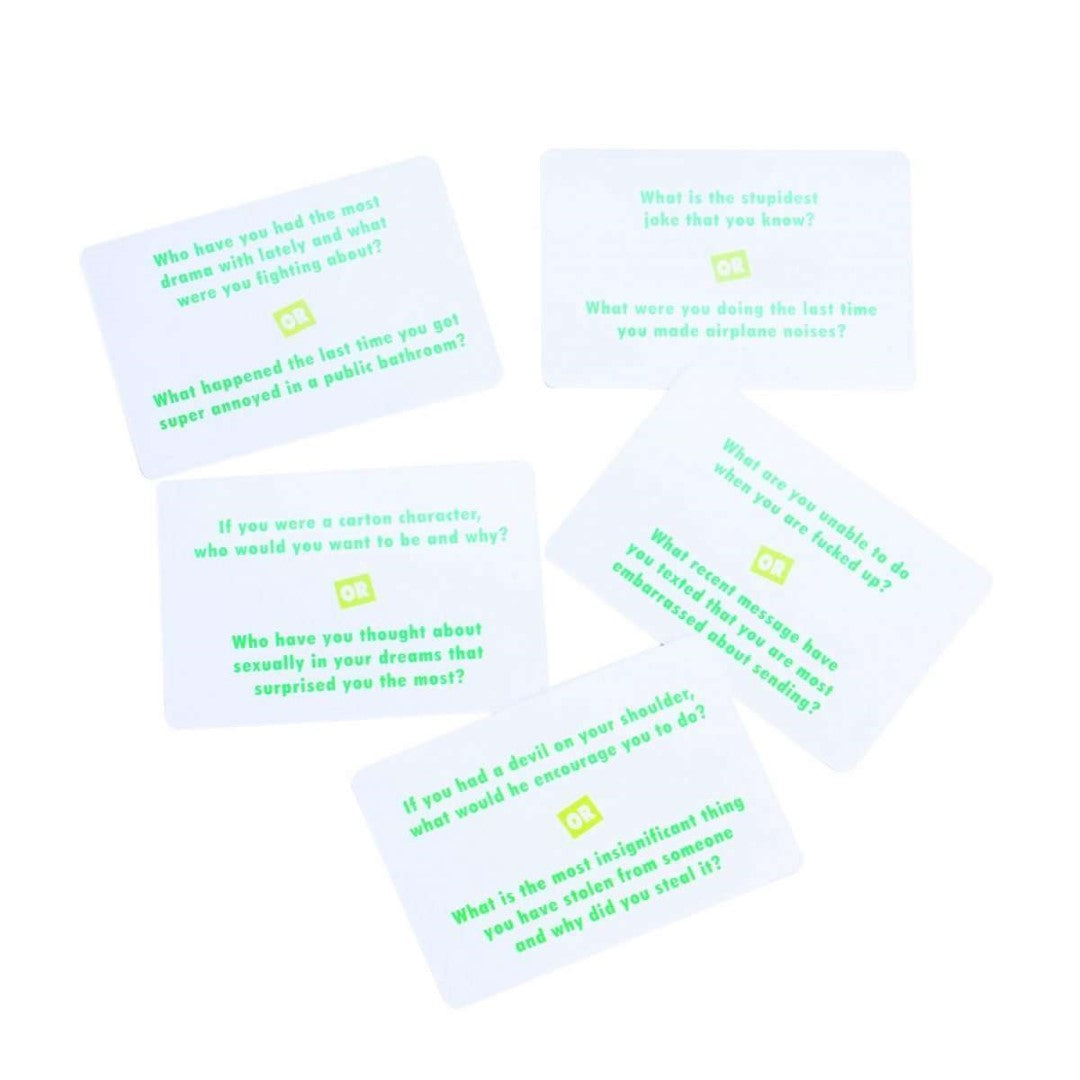 Engaging card game featuring 200 cards with 400 deep and humorous questions for fun stoner conversations.